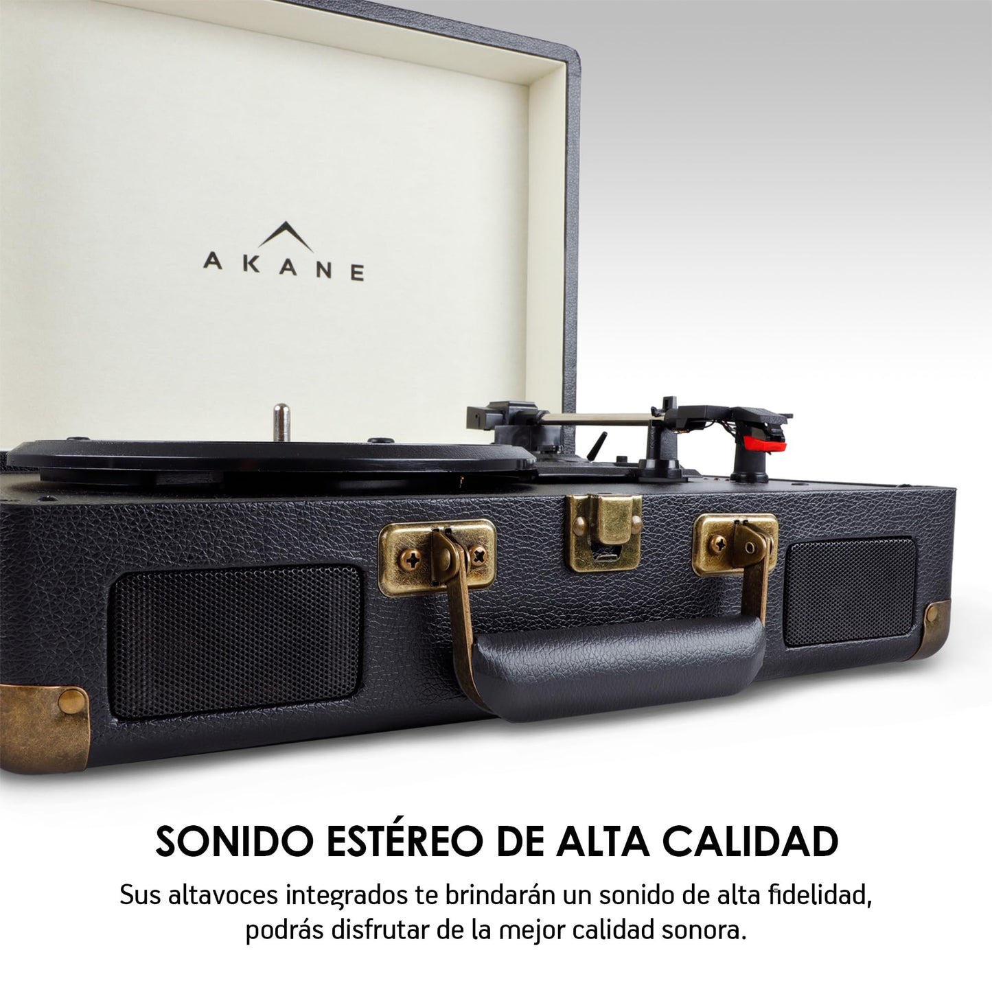 Akane Tocadiscos Vinyl Bluetooth Portátil con Bocinas Estéreo Integradas, Diseño Vintage de Maletín, Puerto USB, Salida de Audífonos y RCA, Entrada Auxiliar, Tornamesa para Vinilo de 3 Velocidades
