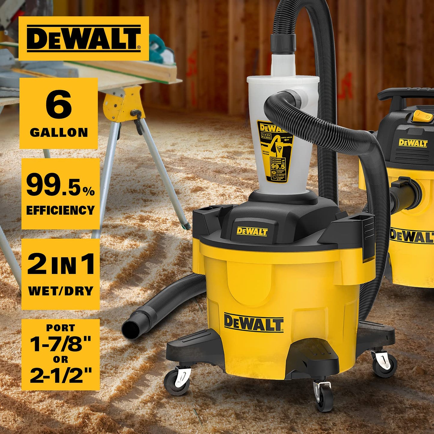 DEWALT Separador de Polvo con Tanque de Polietileno de 6 galones, colector de Polvo ciclón de eficiencia 99.5%, Filtro colector de Polvo de Ciclo de Alto Rendimiento, DXVCS002, Amarillo