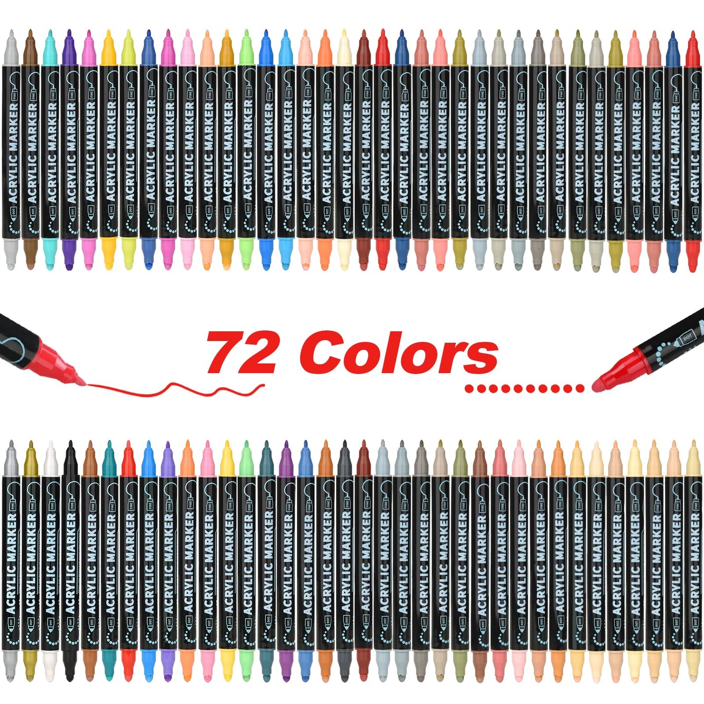72 Colores Plumone Acrílicos Doble Punta, POVOLE Marcadores Arte Punta Fino & Punto, Resistente al Agua, No Se Desvanece, Rotuladores Colorear Madera Piedra Vidrio Plástico Metal Caucho Lienzo