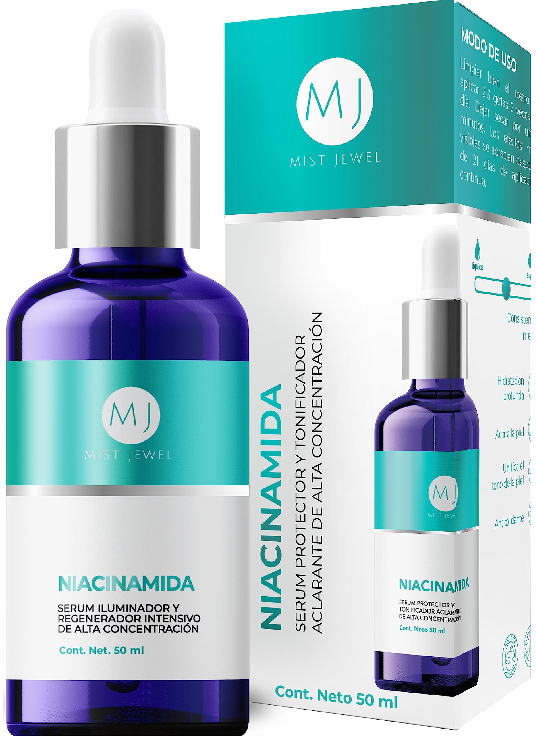 MIST JEWEL Suero facial Niacinamida, Vitamina E y Acido hialurónico tonificador aclarante y protector 50ml | Serum para hombres y mujeres cuidado facial regenerador potente e hidratante de alta efectividad