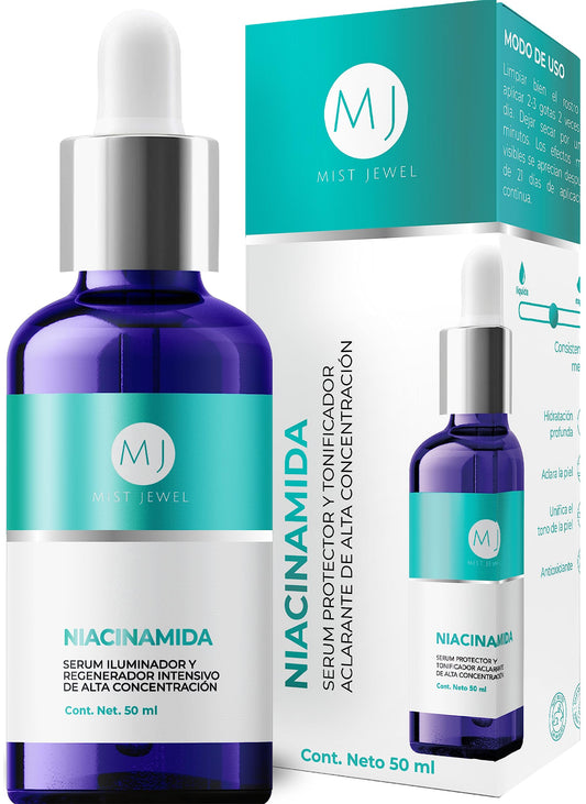 MIST JEWEL Suero facial Niacinamida, Vitamina E y Acido hialurónico tonificador aclarante y protector 50ml | Serum para hombres y mujeres cuidado facial regenerador potente e hidratante de alta efectividad