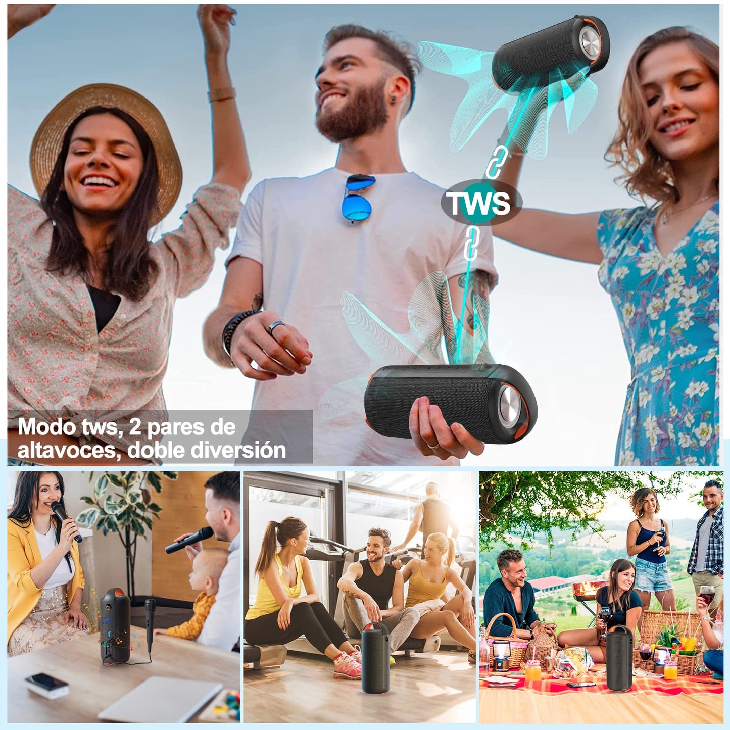 Bocina Bluetooth, Altavoz Portátil Impermeable IPX6, Mini Bocina de RGB, Sonido Estéreo TWS, Batería de 5200 mAh Larga Reproducción, Altavoz Bluetooth 5.0 con Correa Portable para Viaje, Fiesta, Hogar