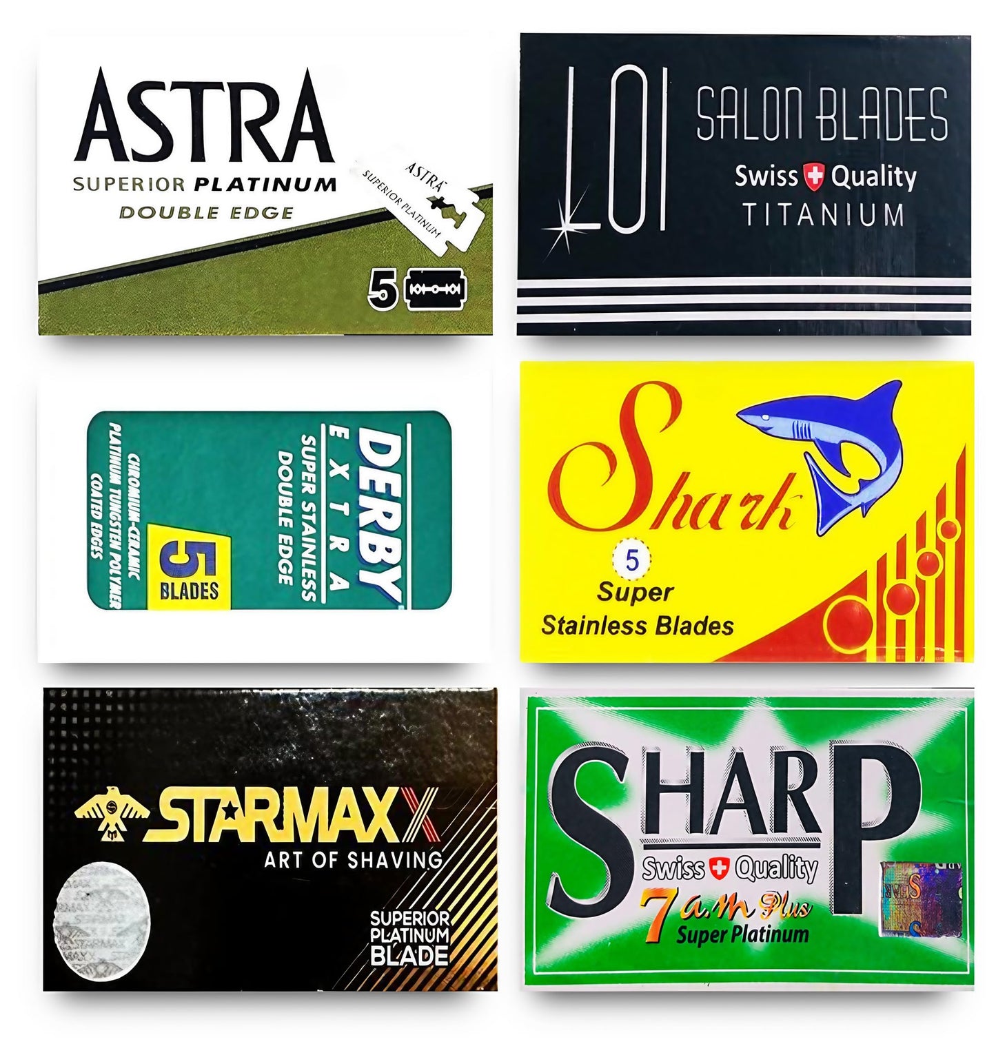 Razor Blades Club - Surtido De Hojas De Afeitar De Doble Filo Astra-Derby-Shark-Loi-Starmax-Sharp (30 Hojas, 6 Marcas Diferentes)