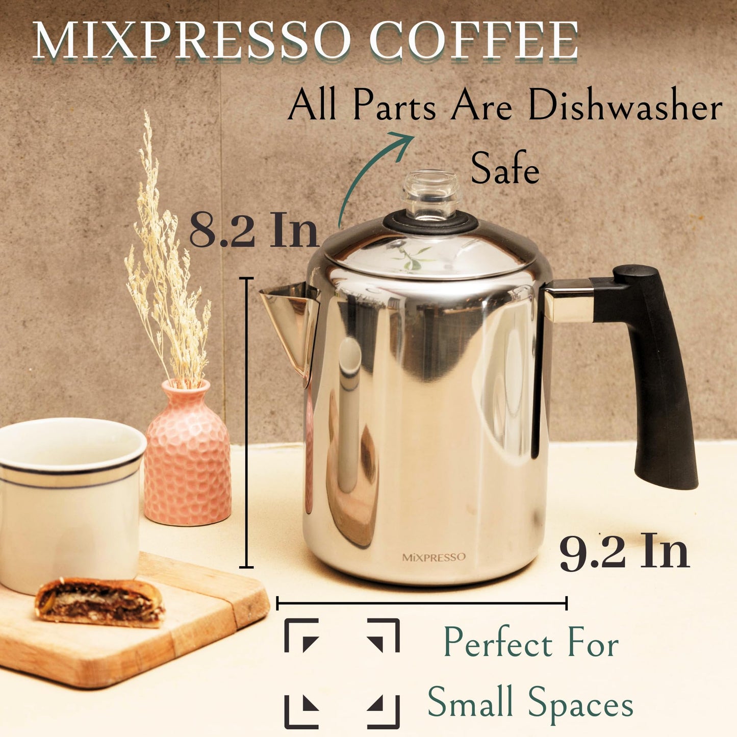 Mixpresso - Cafetera percoladora de acero inoxidable, excelente para camping, cafetera de 5 a 8 tazas
