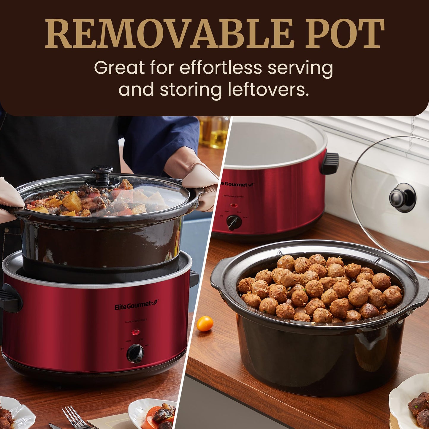 Elite Gourmet MST-900RXT# - Olla lenta de cerámica eléctrica XL, temperatura ajustable, entrantes, salsas, guisos y inmersiones, tapa de vidrio y vajilla aptas para lavaplatos, 8.5 cuartos de galón,