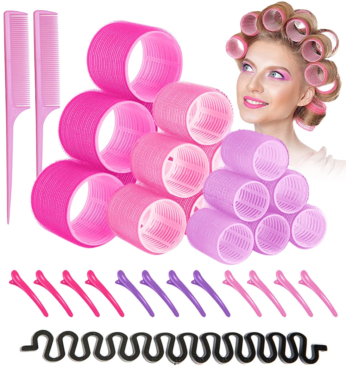 Rulos para Cabello,ZJTZJY Juego de Rodillos de Velcro con Accesorios,Rizador Pelo sin Calor,Rodillos de Velcro-3 Tamaños (33PCS)