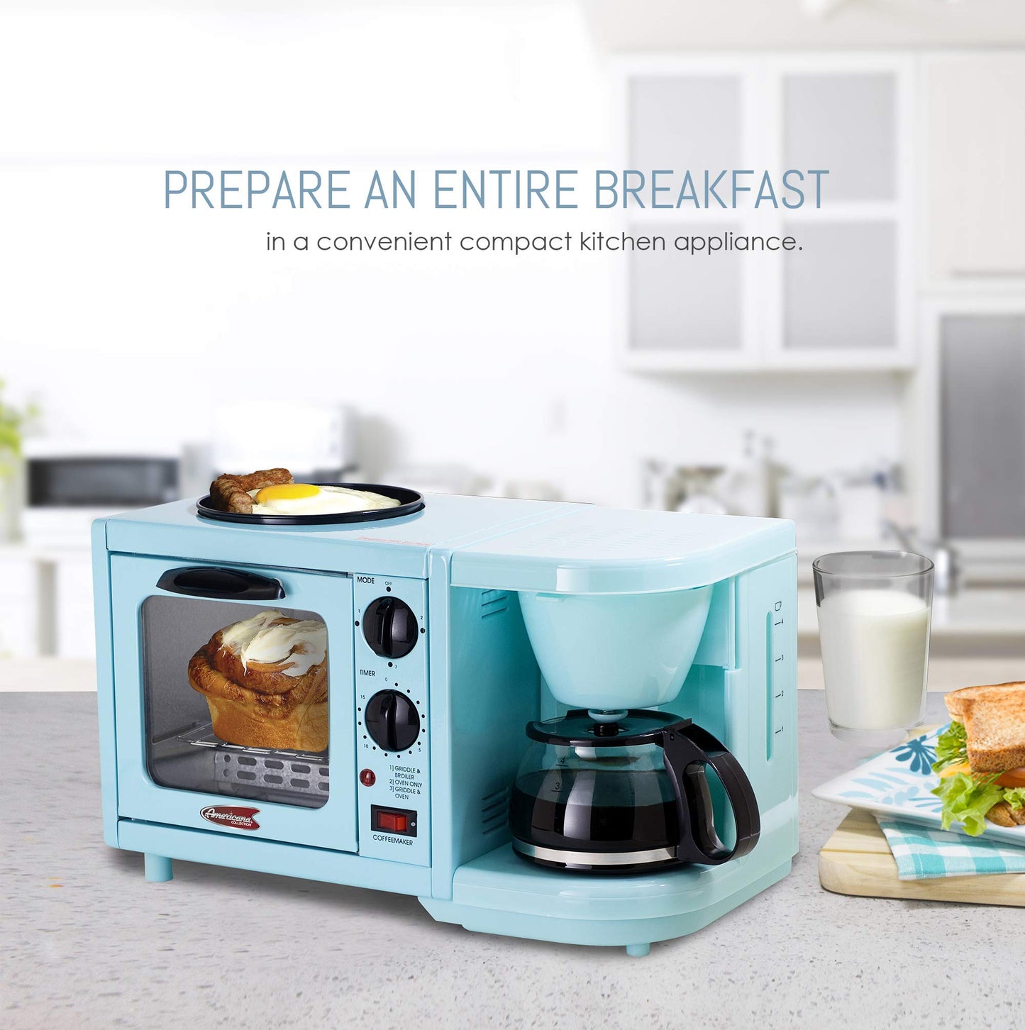 MaxiMatic EBK-200BL Elite Cuisine Cafetera/Tostador/Parrilla Multifunción para El Desayuno, 3 en 1, Azul