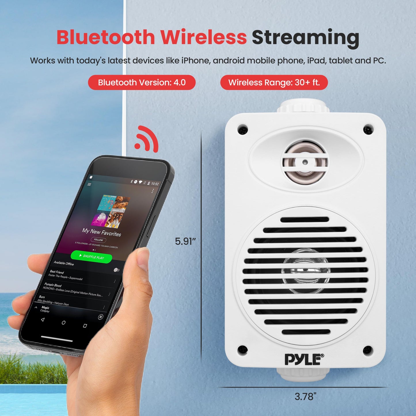 Pyle Par Altavoces Bluetooth de 200W para Interior y Exterior, Bocinas de 2 Vías Impermeables de 3.5” con Tweeter de Alto Cumplimiento de 1/2” Ideal Casa, Barco, Marino, Deck, Patio y Piscinas, Blanco