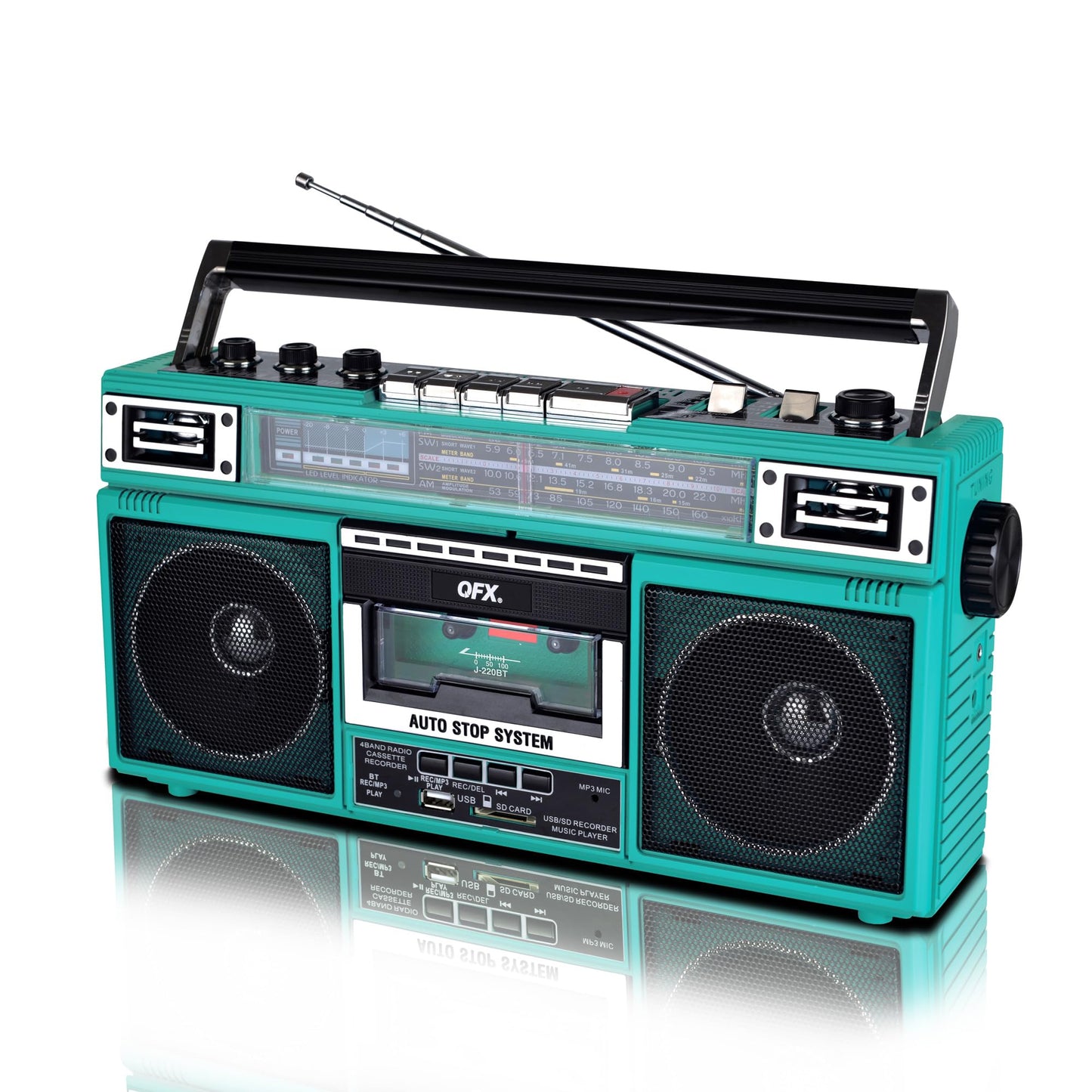 Radiocasetera QFX Turquesa Bluetooth con Conversión a MP3 y Ecualizador de 3 Bandas