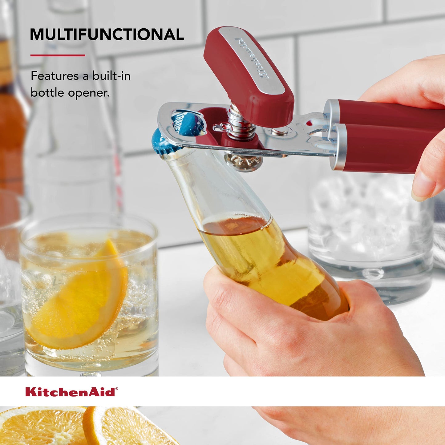 KitchenAid - Abrelatas y abrebotellas multifunción clásico fácil de usar, rueda de corte de acero inoxidable afilada, asas ergonómicas suaves, rojo imperio