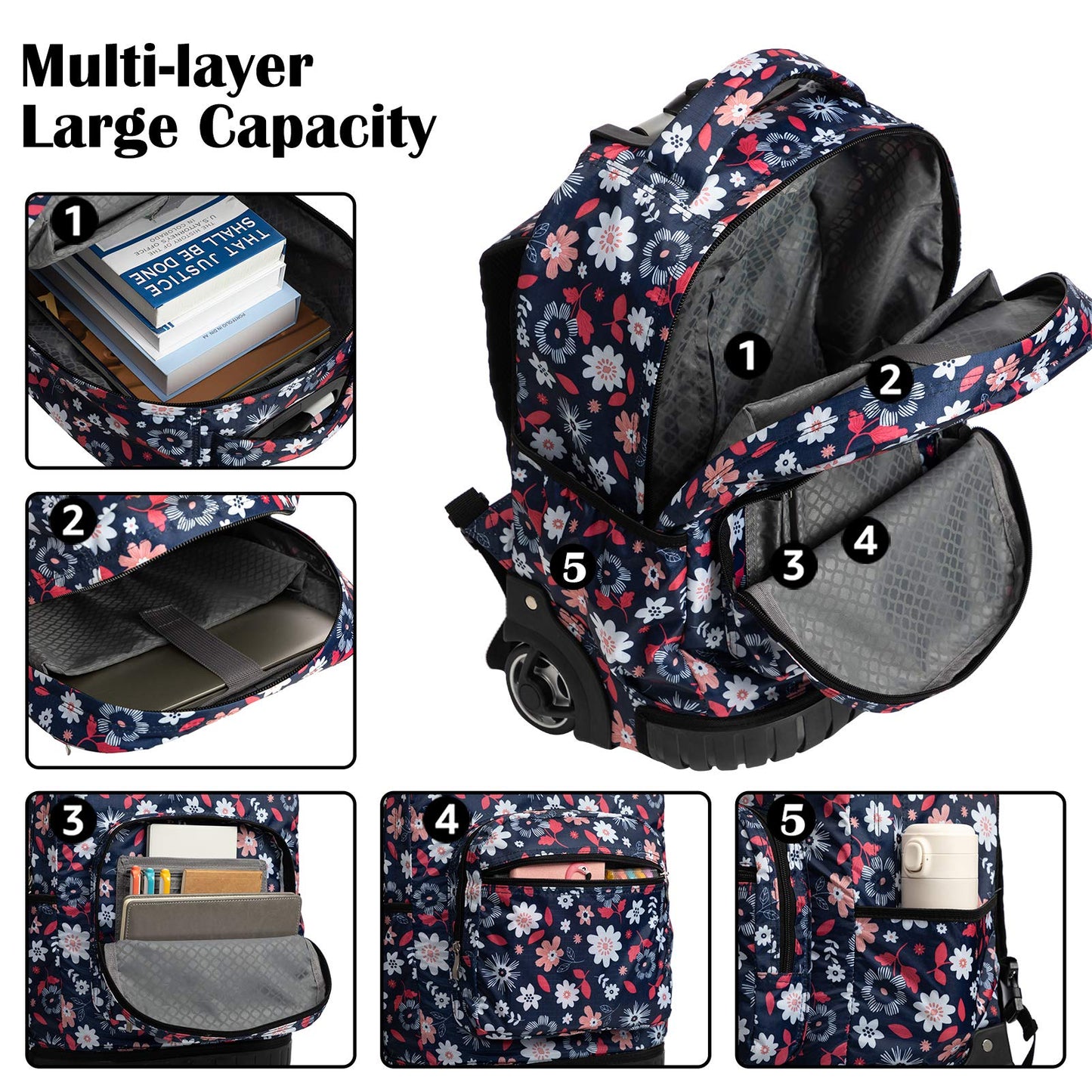 Mochila Rodante SKYMOVE Margaritas con Múltiples Compartimentos para Libros y Portátil