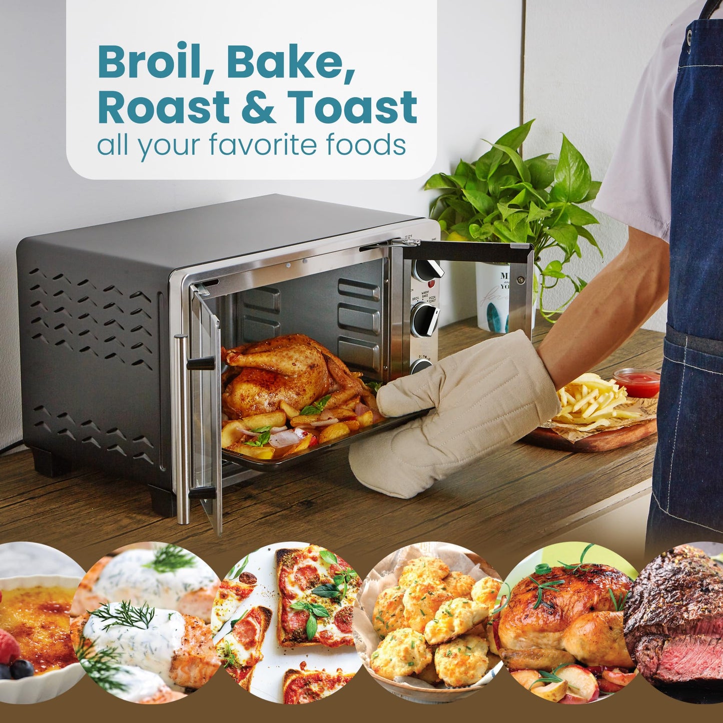 Elite Gourmet ETO2530M - Horno tostador de doble puerta francesa, hornear, asar, tostar, mantener el calor, se adapta a pizza de 12 pulgadas, capacidad de 25 l, acero inoxidable y negro