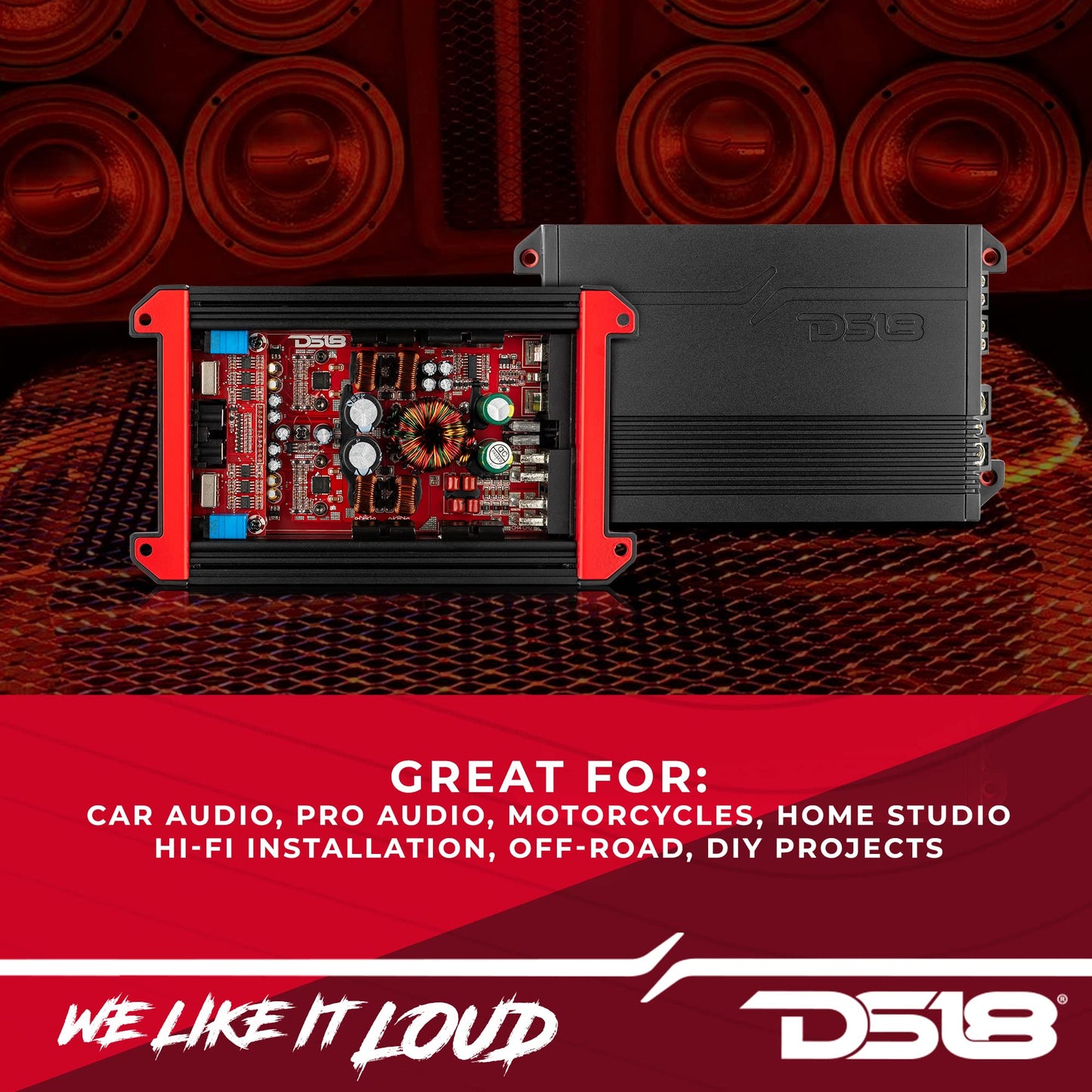 Amplificador de Coche DS18 Gen-X Rojo Clase D 4 Canales Compacto 1000 Vatios 2/4 Ohmios Estable y Puenteable
