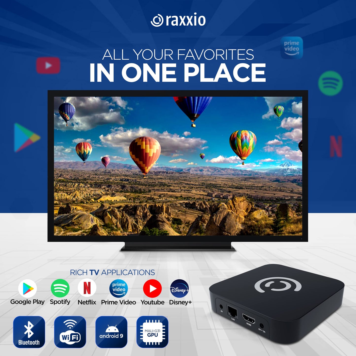 Android TV Box RAXXIO Negro RAX2100 Ultra HD 4K 75fps RAM 4GB ROM 64GB WiFi Dual USB 3.0 Android 9.0