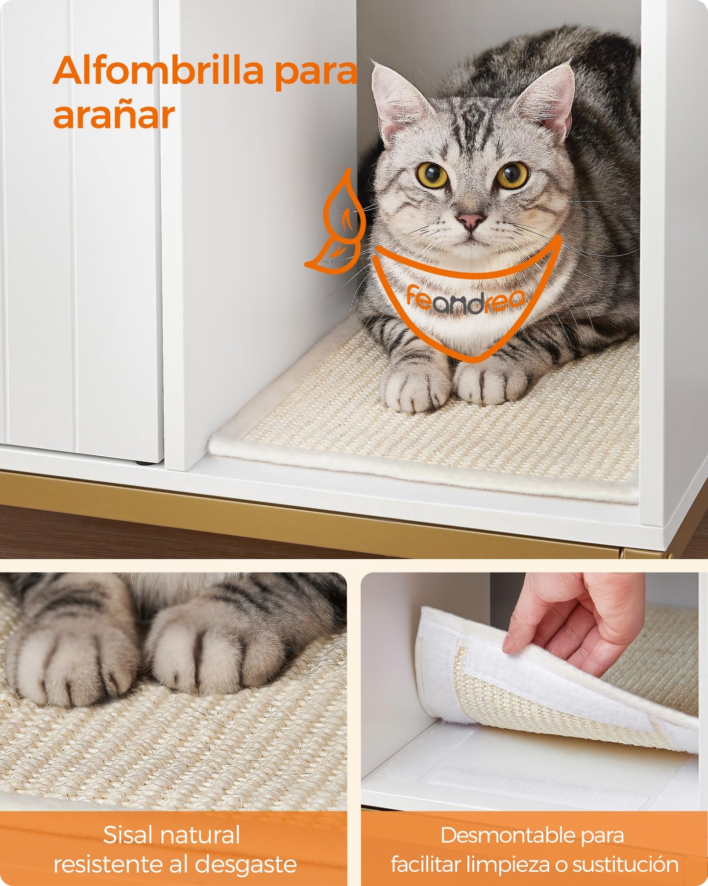 Feandrea Mueble Arenero, Mueble de Caja Arenero para Gatos,con Alfombrilla Rascadora, Patas Altas, 80 x 50 x 55 cm, Blanco y Dorado MPCL007W01