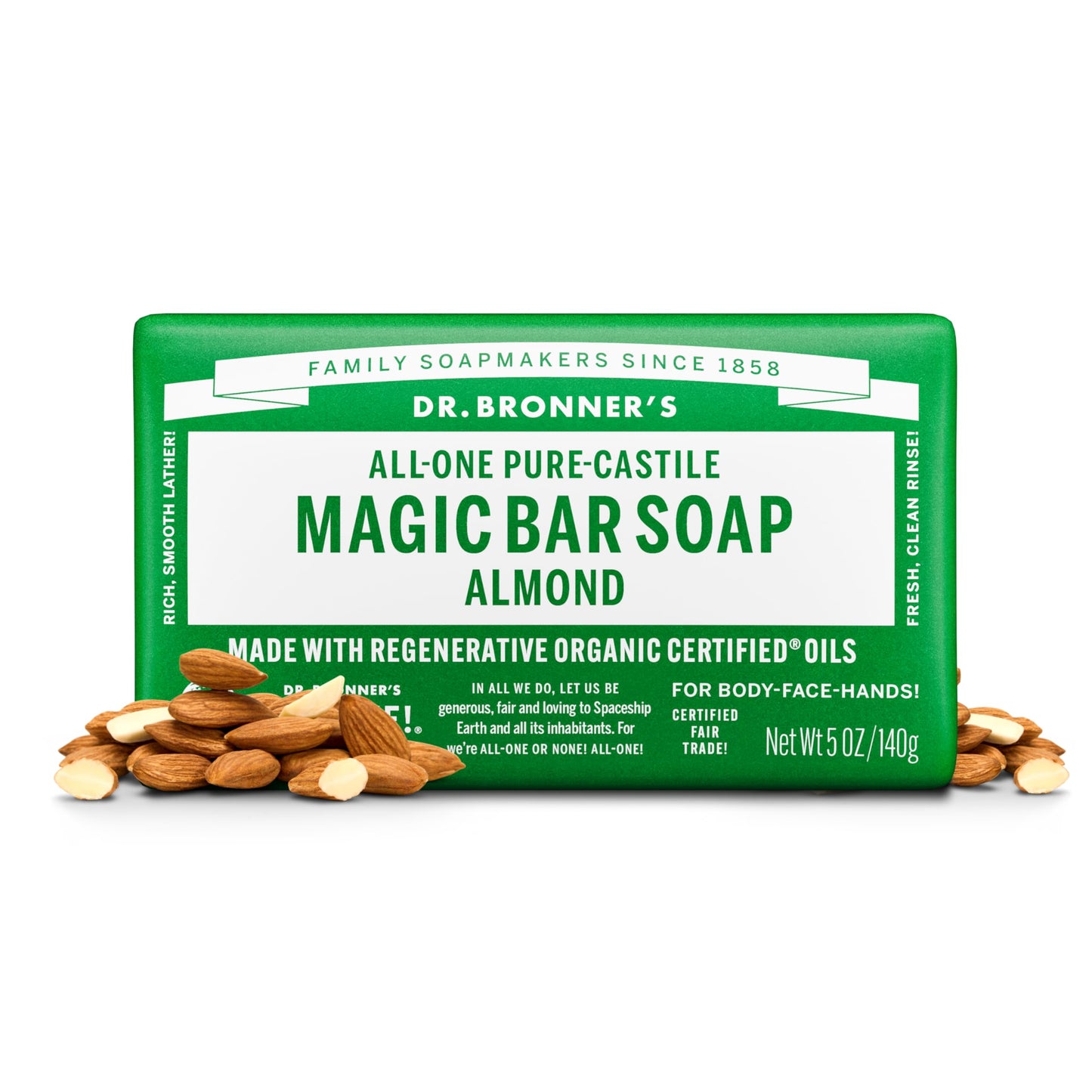 Dr. Bronner's | Jabón de castilla orgánico en barra, fórmula concentrada, elimina células muertas, nutrición suave y piel hidratada, con aceite natural de Almendra, aroma Almendra (3 pack)