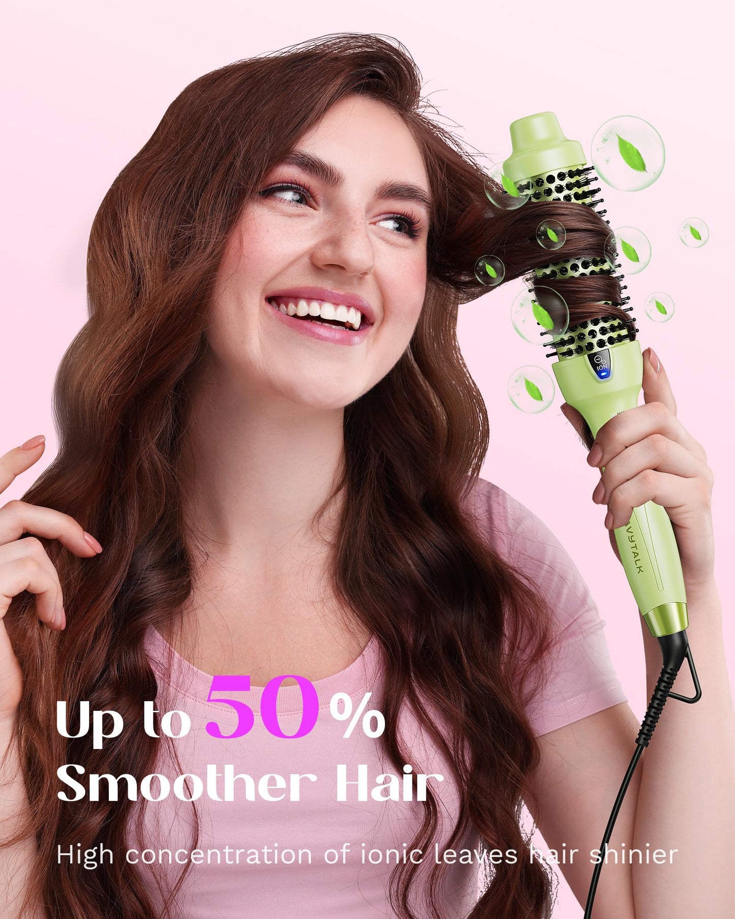 Wavytalk Cepillo térmico de 1.5 pulgadas Blowout Express iónico calentado que crea un aspecto soplado que hace que el cabello sea más brillante y suave, doble voltaje, fácil de usar (verde)