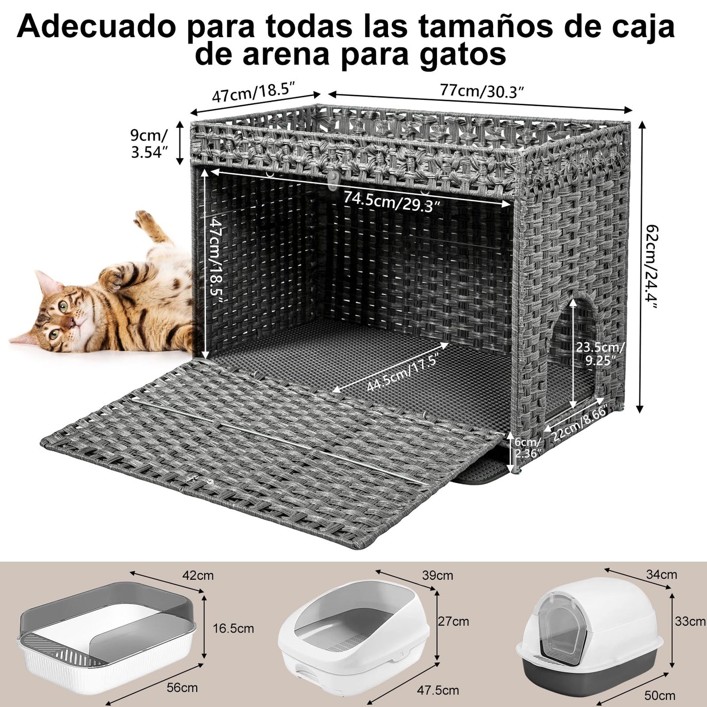 FABATO Arenero para Gato Grande Cerrado - Casa para Gatos Exterior - Puerta Lateral para tu Mascota - Mueble de Mimbre Ratán Tejido a Mano - Incluye Alfombrilla Suave (Gris)