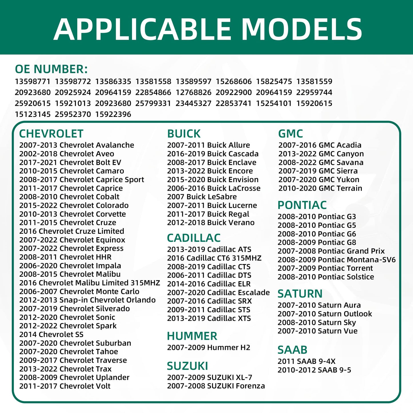 TPMS Sensor, 315MHZ 13598771 Sistema de monitor de presión de neumáticos para GM| GMC | Chevy | Buick | Cadillac Replace#13598772,13586335,13581558,20923680