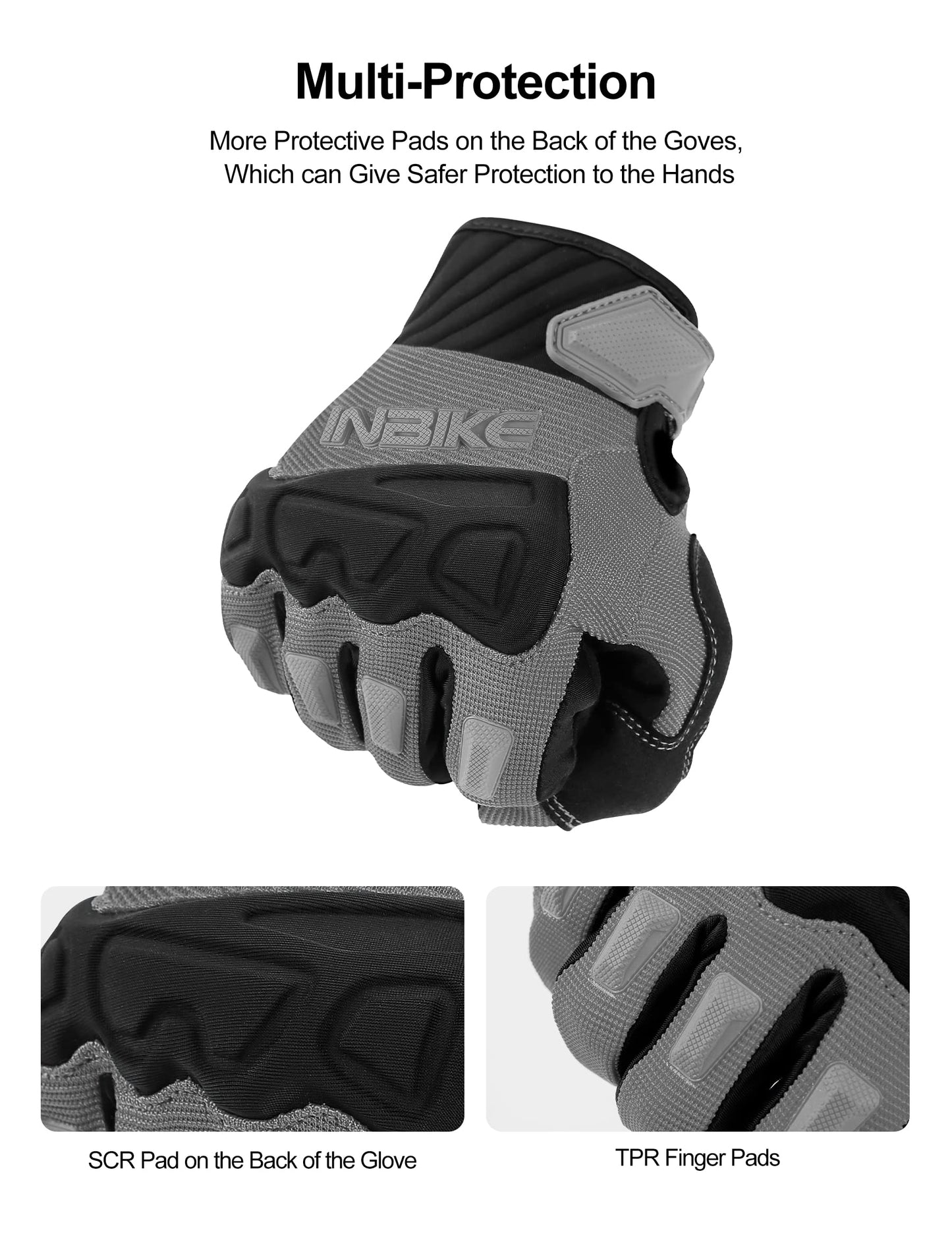 INBIKE - Guantes de bicicleta de montaña para hombre, gris, resistentes al desgaste, antideslizantes y resistentes a los golpes, acolchados, transpirables, con soporte de pantalla táctil