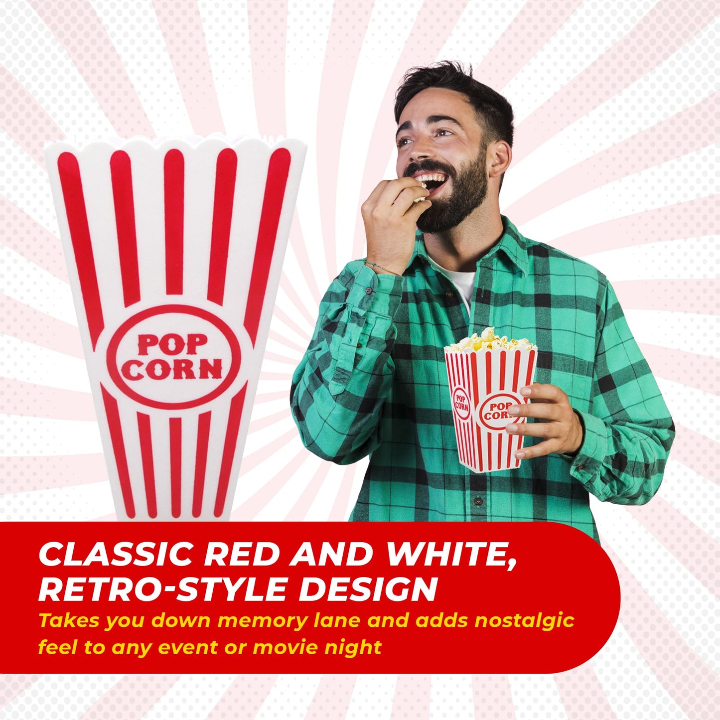 Gadgetime USA - Recipientes de plástico para palomitas de maíz para noches de cine, color rojo y blanco, cubos de estilo clásico, tazas altas y reutilizables retro para carnavales, apto para