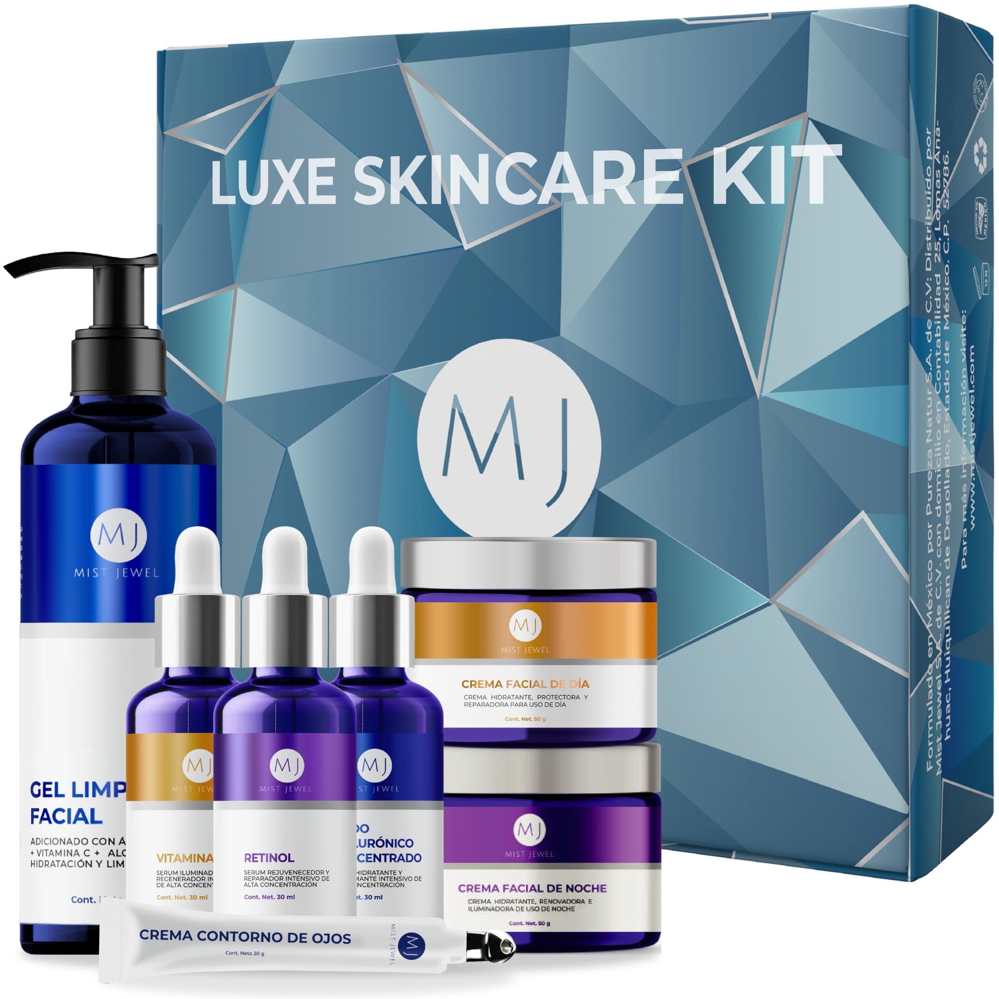 MIST JEWEL Kit Facial Luxe skincare completo Cremas día y noche, 3 Serum, limpiador facial y crema contorno de ojos | Paquete completo dia y noche de cuidado facial, hidratación y rejuvenecimiento
