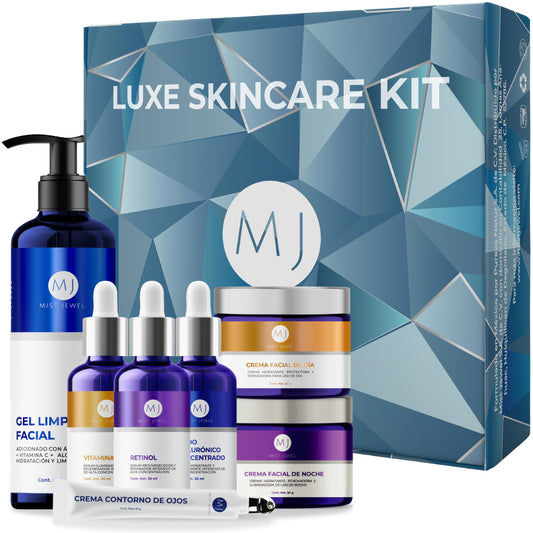 MIST JEWEL Kit Facial Luxe skincare completo Cremas día y noche, 3 Serum, limpiador facial y crema contorno de ojos | Paquete completo dia y noche de cuidado facial, hidratación y rejuvenecimiento
