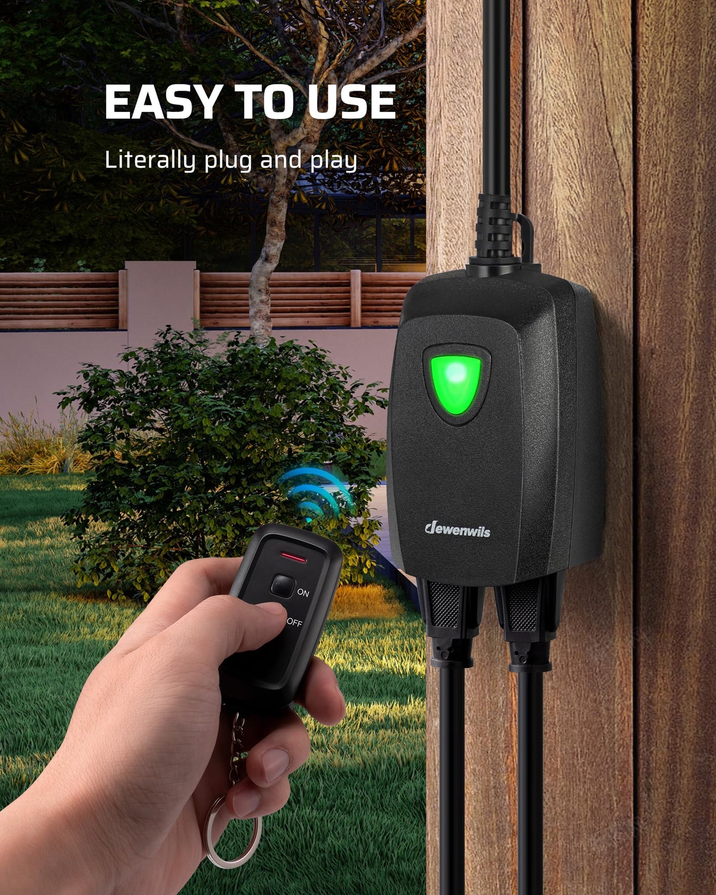 DEWENWILS - Tira de alimentación de control remoto inalámbrico para exteriores, resistente a la intemperie, ampliable para interiores y exteriores, interruptor de luz, 15 A, cable de extensión de 7