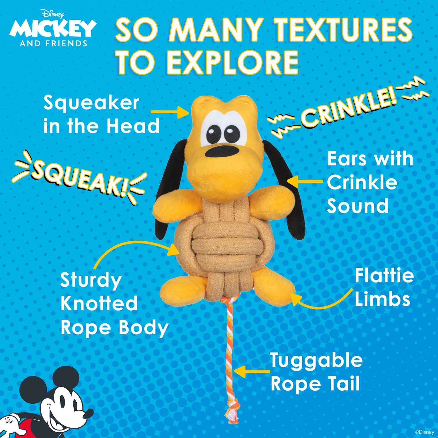 Disney for Pets Pluto Knotty Rope Juguete para Mascotas con chirriador, 9 Pulgadas | Juguetes chirriantes para Perros | Juguete de Cuerda para Perros Inspirado en Plutón de Mickey y Amigos