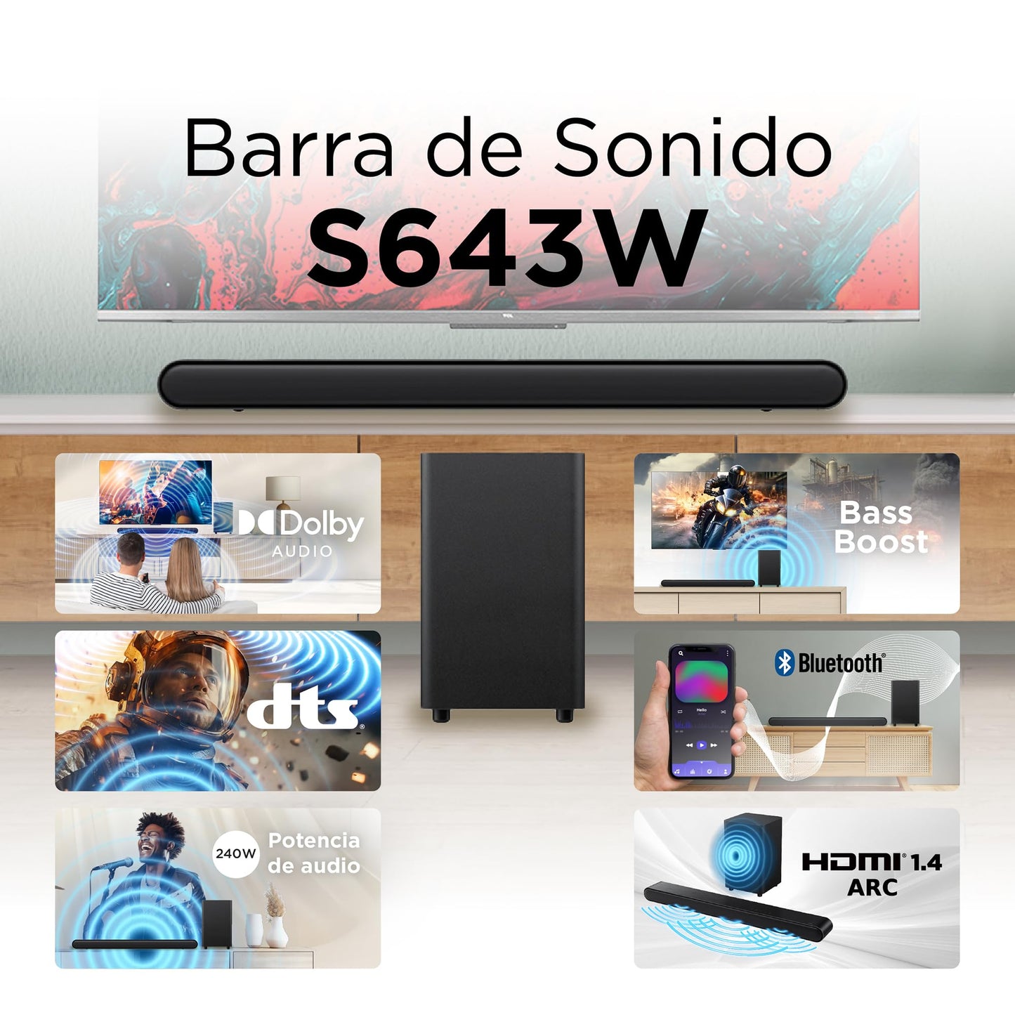 Barra de Sonido TCL S643W 3.1 ch con Dolby Audio y DTS Virtual:X Bluetooth y HDMI