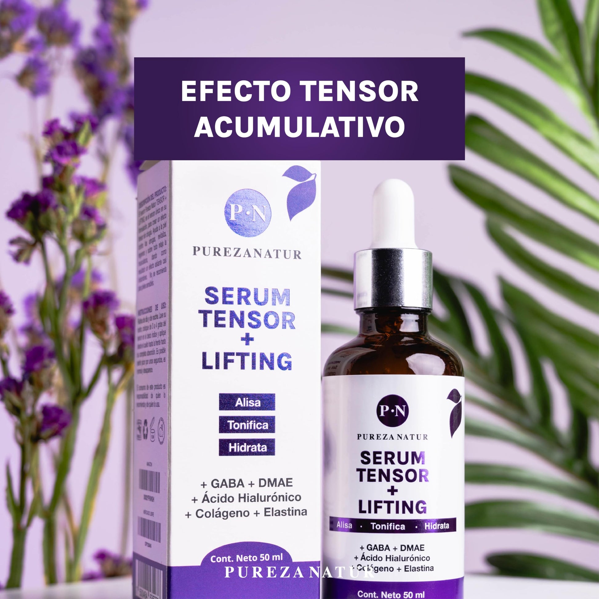 PUREZANATUR Suero facial Efecto Tensor Lifting con Gaba Y DMAE + Acido hialurónico, colágeno y elastina | Serum hidratante que aporta elasticidad 50ml (50ml)