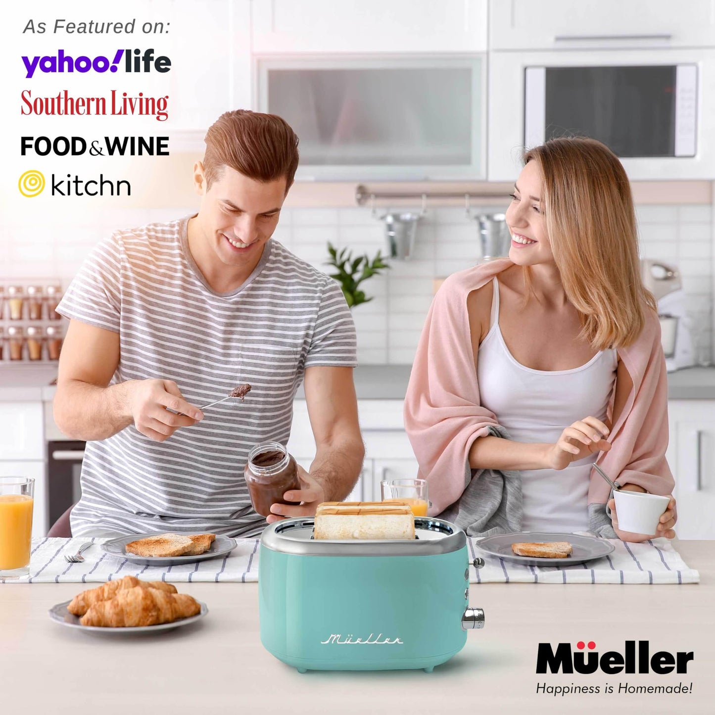 Mueller - Tostador retro para 2 rebanadas con 7 niveles de tostado y 3 funciones, calentar, descongelar y cancelar, acero inoxidable, charola de residuos extraíble, compartimento de cable bajo base,