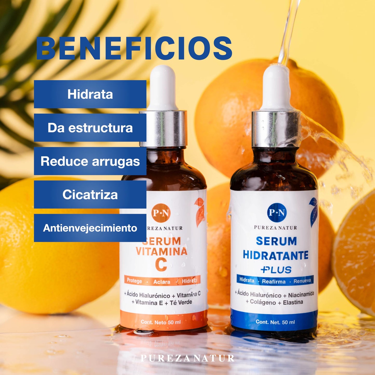PUREZA NATUR Pack reparación intensiva serum faciales día y noche Serum Acido Hialuronico + Colageno + Elastina Niacinamida y Suero Vitamina C + Vit E | Serum de alta efectividad antiedad Sueros para todo tipo de piel 50ml cu