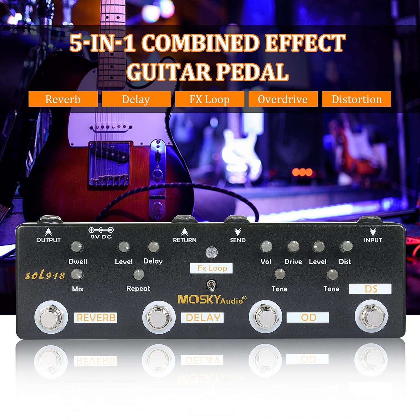 efector,mewmewcat MOSKY Audio SOL918 Pedal de efectos múltiples 5 en 1 Pedal de guitarra de efectos combinados True Bypass Dispositivo de efectos combinados múltiples en uno Reverberación Delay FX Loo