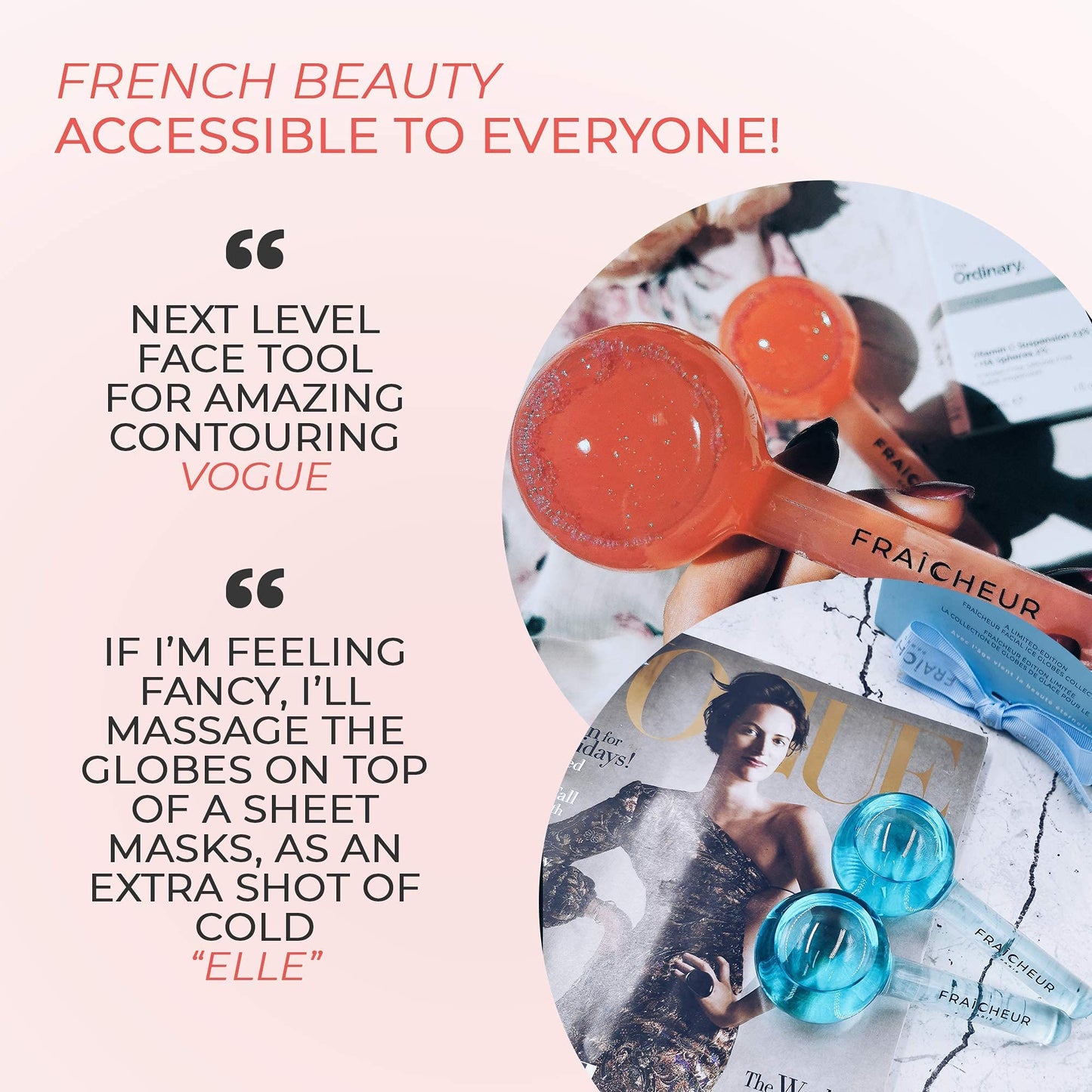 FRAÎCHEUR ICE Globes | Frozen Cryo Roller for Cold Facial Massage | Skincare Cooling Glass Massager with Anti-Freeze Liquid Inside | Reduce Puffiness, Pores (Pink with Glitters)