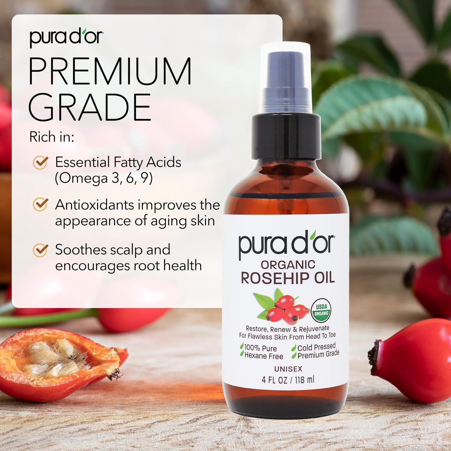 Pura D'or Organic Rosehip Seed Oil, 4 Ounce