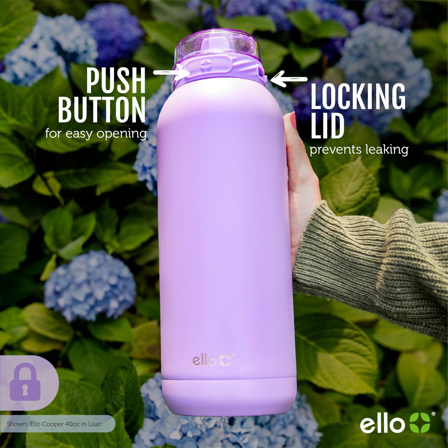 Ello Cooper - Botella de agua de acero inoxidable de 32 onzas con popote y asa de transporte, doble pared y metal aislado al aspiradora, tapa de bloqueo a prueba de fugas con boquilla de silicona