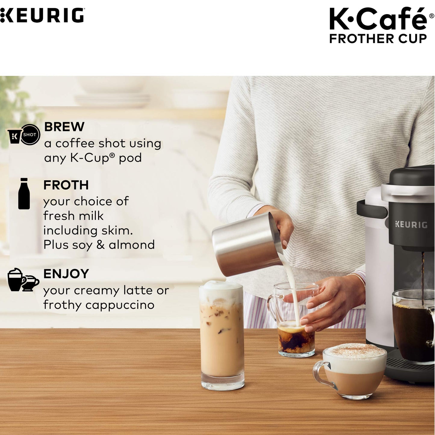 Keurig Funciona con leche no láctea, espuma caliente y fría, solo cafeteras K-Café, 34 onzas, espumador de carbón