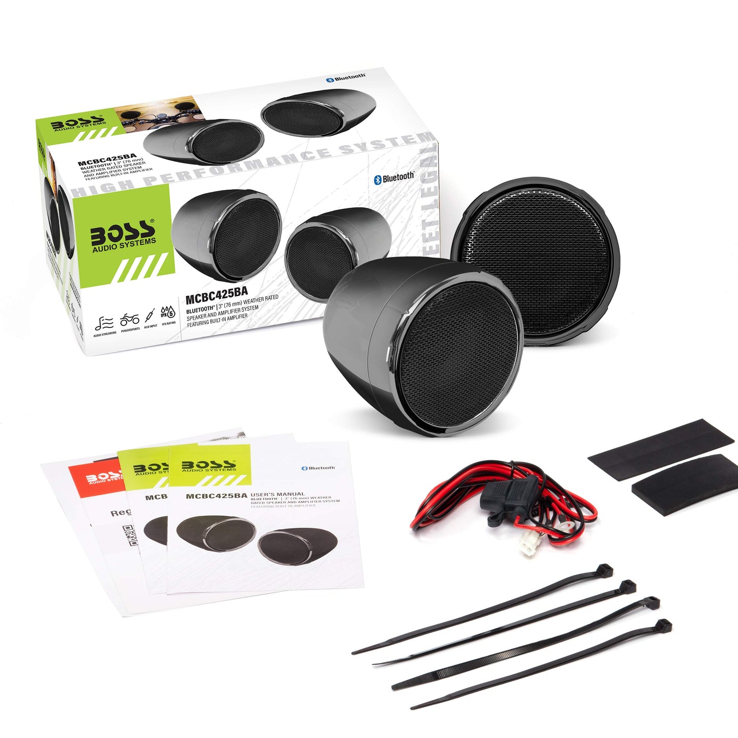 BOSS Audio Systems MCBC425BA - Altavoz para Motocicleta ATV UTV - Bluetooth, Resistente a la Intemperie de 3 Pulgadas, Amplificador Integrado