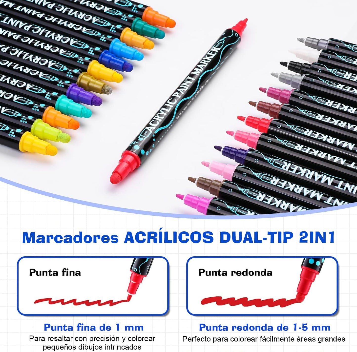 ADGIJNNOUW 36 Colores Plumones Acrilicos Doble Punta, Rotuladores Acrilicos, Resistente al Agua, Seguro, Acrylic Markers para Piedras, Cristal, Madera, Cerámica, Plastico, Huevos de Pascua