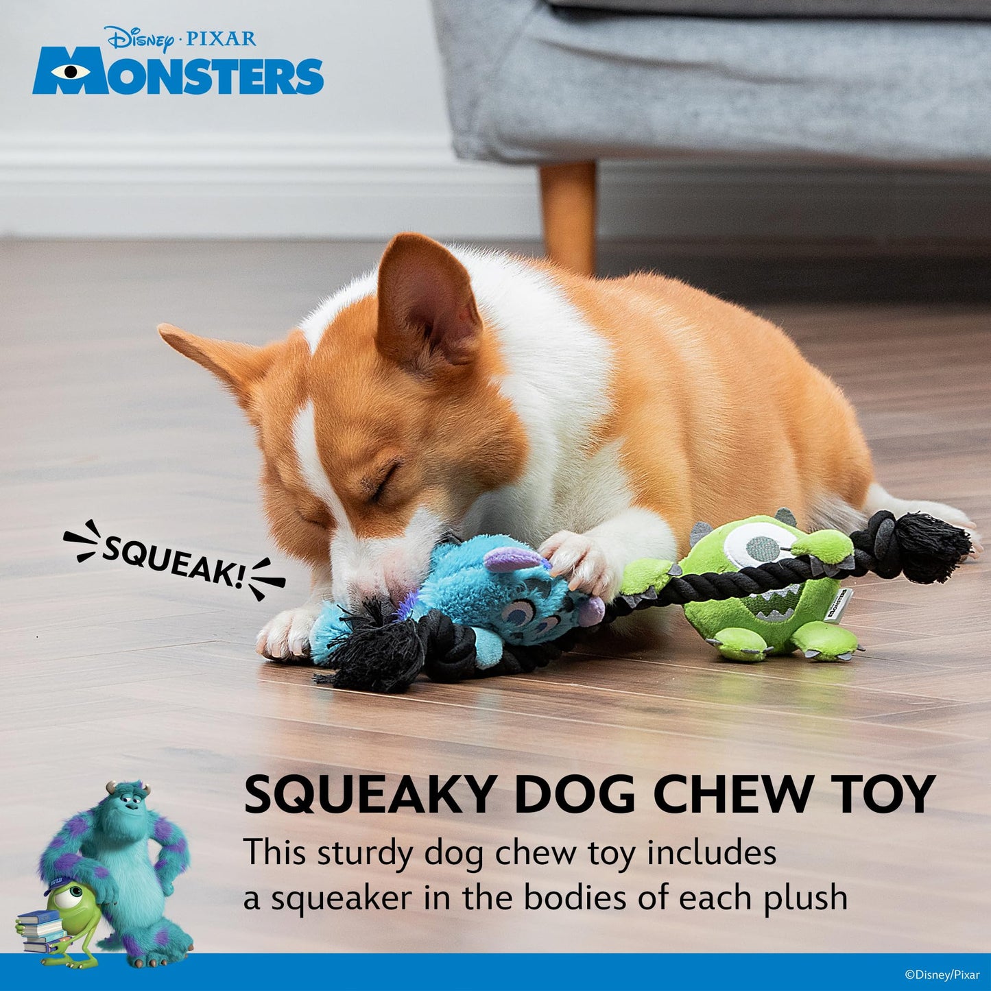 Disney for Pets Pixar's Monsters, Inc. Juguete de Cuerda para Mascotas, 12 Pulgadas, Juguetes para Perros Disney Pixar | Juguete de Cuerda para Perros Inspirado en Mike y Sulley de Pixar's Monsters,
