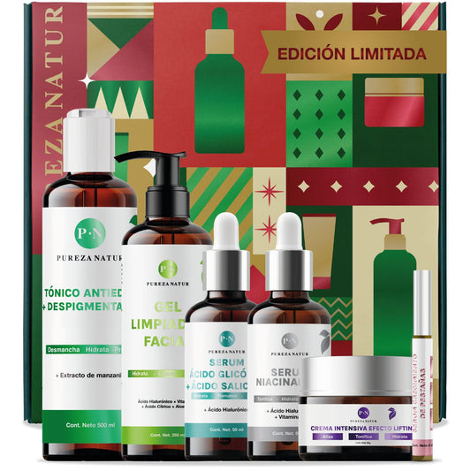 Kit Facial Edición limitada Navidad 2024 Serum Niacinamida, Ácido glicólico + Salicílico y pestañas. Crema lifting, Gel limpiador, Tónico antimanchas anti-edad | Paquete completo día y noche regalos para el cuidado de la piel, hidratación y rejuvenecimien