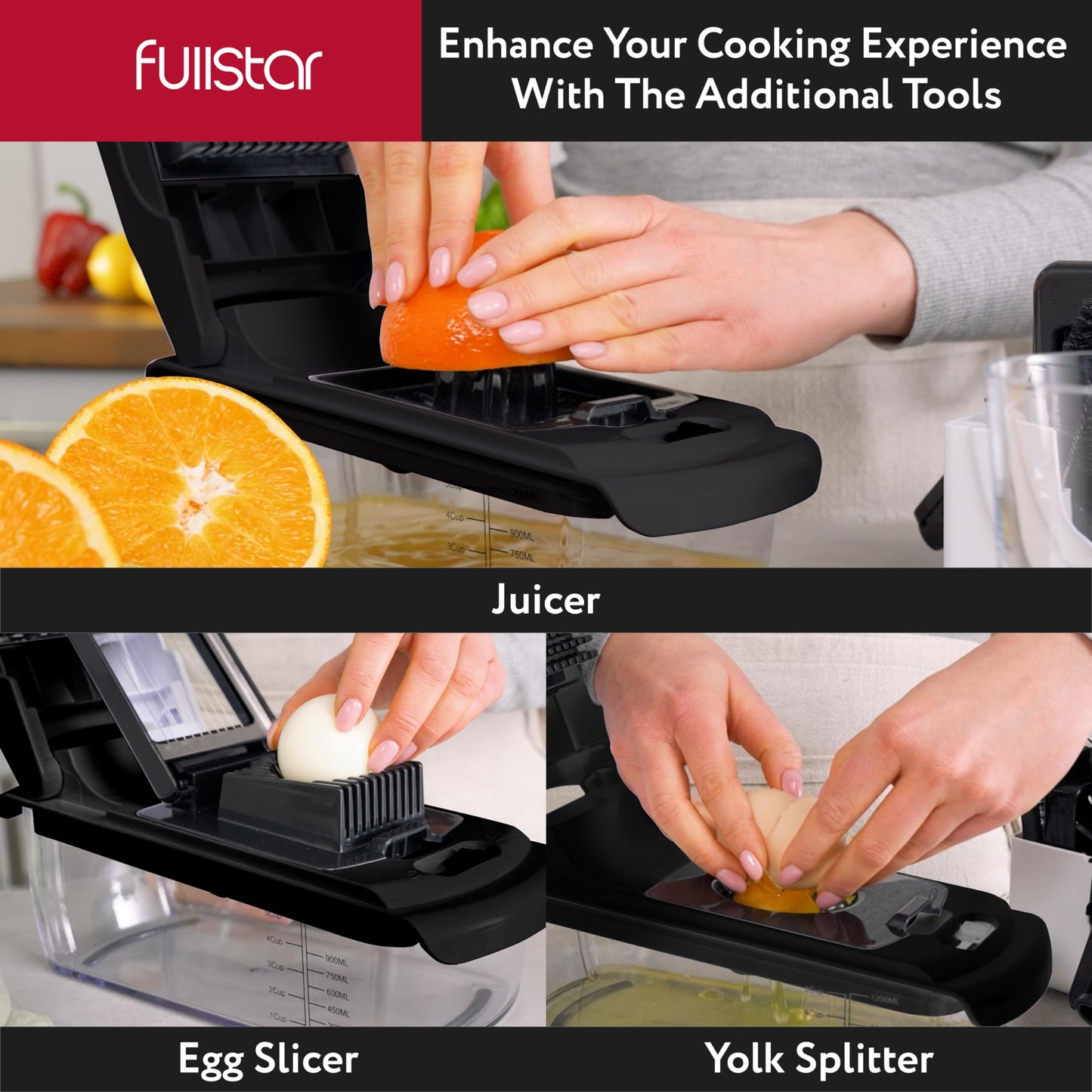 Fullstar - Picador de verduras y espiralizador - Picador de alimentos con contenedor, rebanador de frutas, utensilios de cocina y accesorios, esenciales para el hogar (8 en 1, negro)