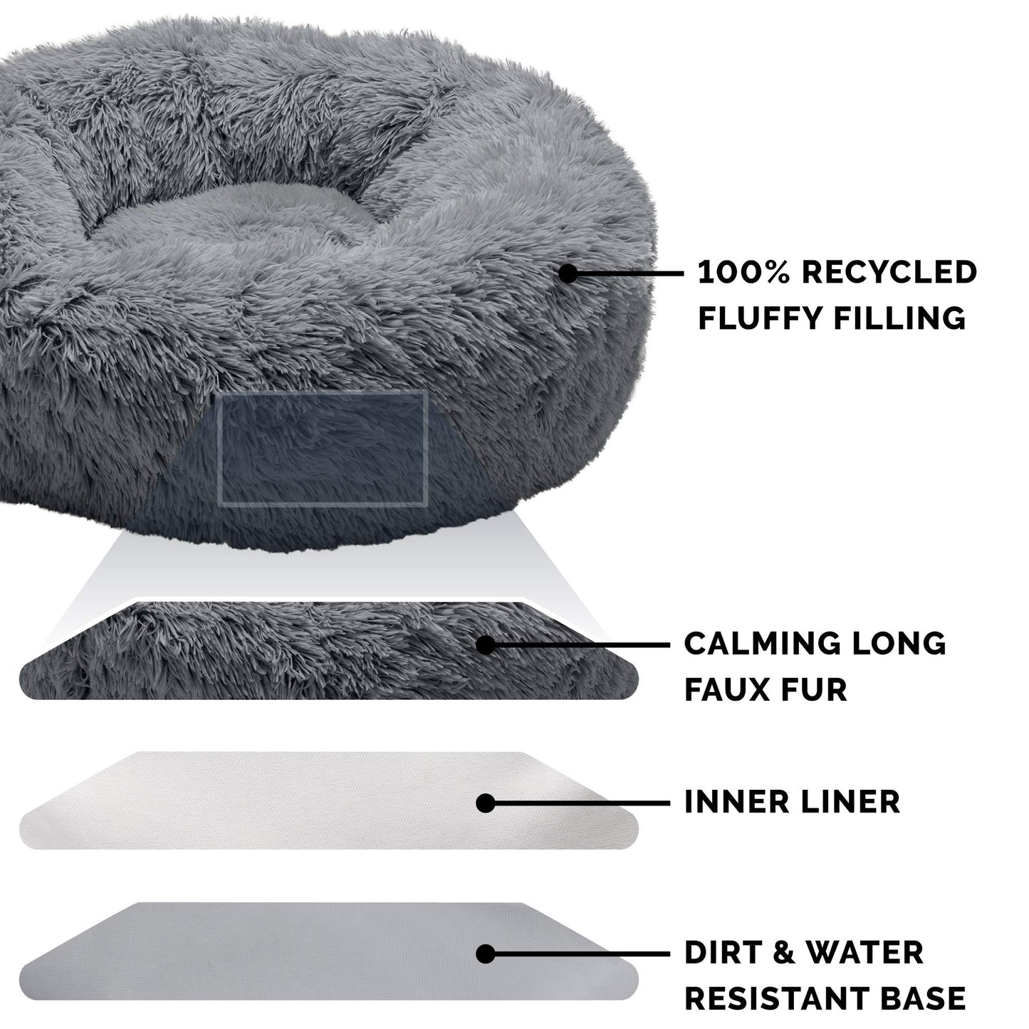 Furhaven 36" Round Large Donut Dog Bed Plush Long Faux Fur Calming Cuddler w/Removable Washable Cover - Gray, Large