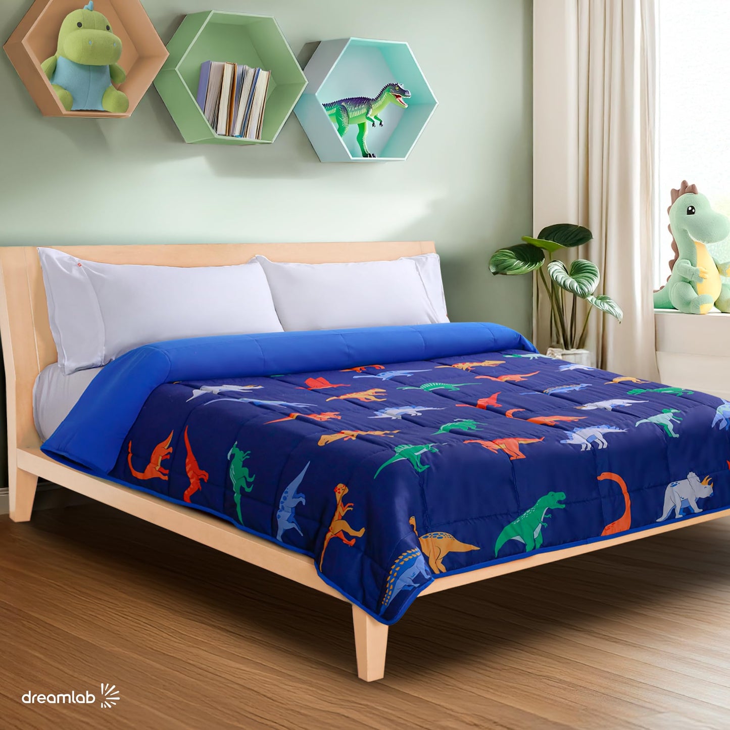 Dreamlab Edredón Ligero Infantil Reversible Hipoalergénico. Colcha Rellena de Microfibra Suave. Diseño para niño, niña o bebé. 1 Pieza. Dinosaurio, Azul (Individual/Matrimonial 195 x 223cm)