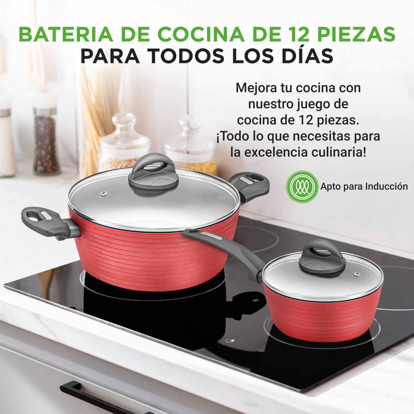 NUTRICHEF Bateria de Cocina Antiadherente de 12 Piezas Juego de Sartenes y Ollas Rojo. Duradero, Diseño Elegante Resistente al Calor. Libre de PFOA