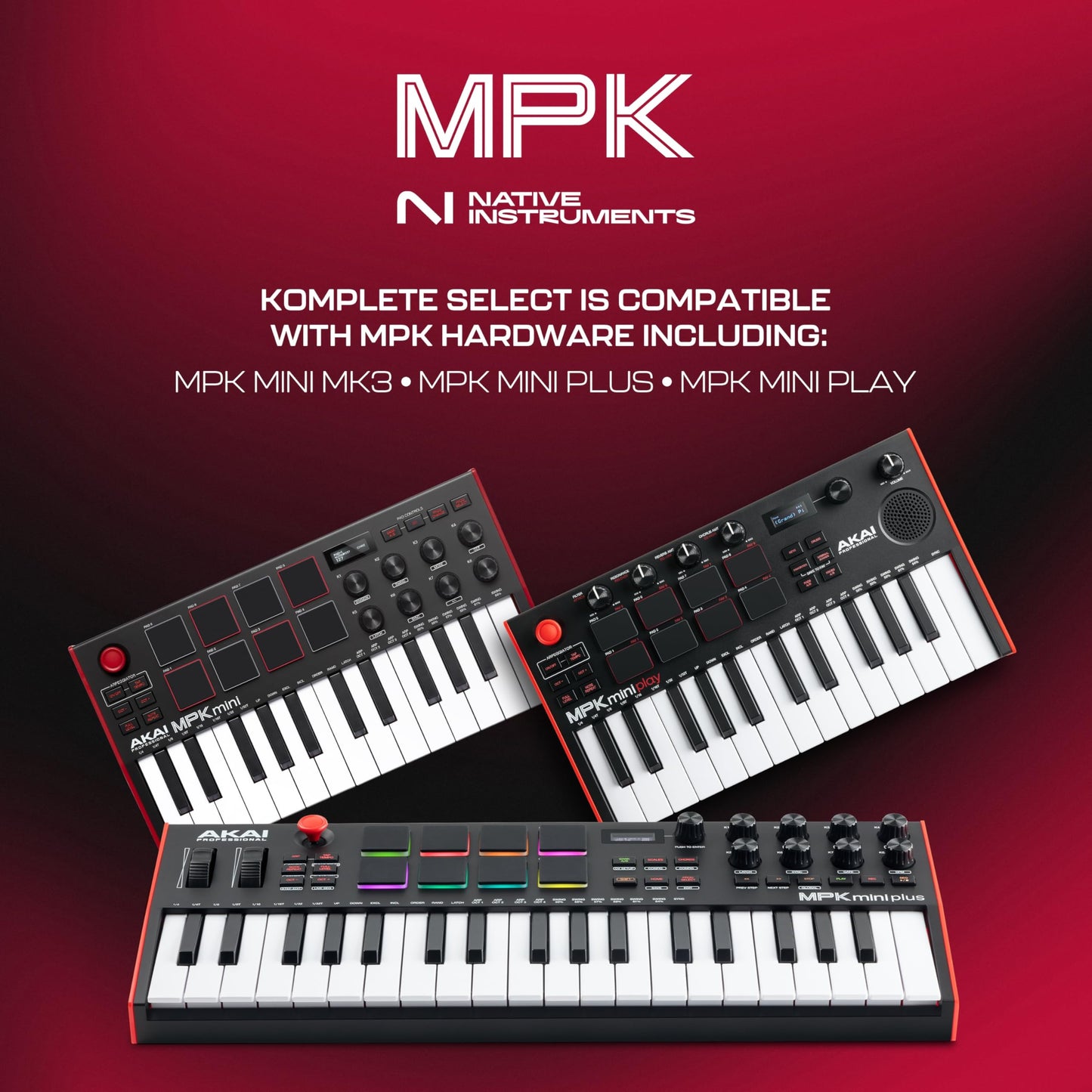 Akai Professional MPK Mini Plus - Teclado Controlador MIDI USB de 37 Mini Teclas con 8 Pads MPC, Secuenciador, MIDI/CV/Gate I/O, Software de Producción y Native Instruments Sound Package
