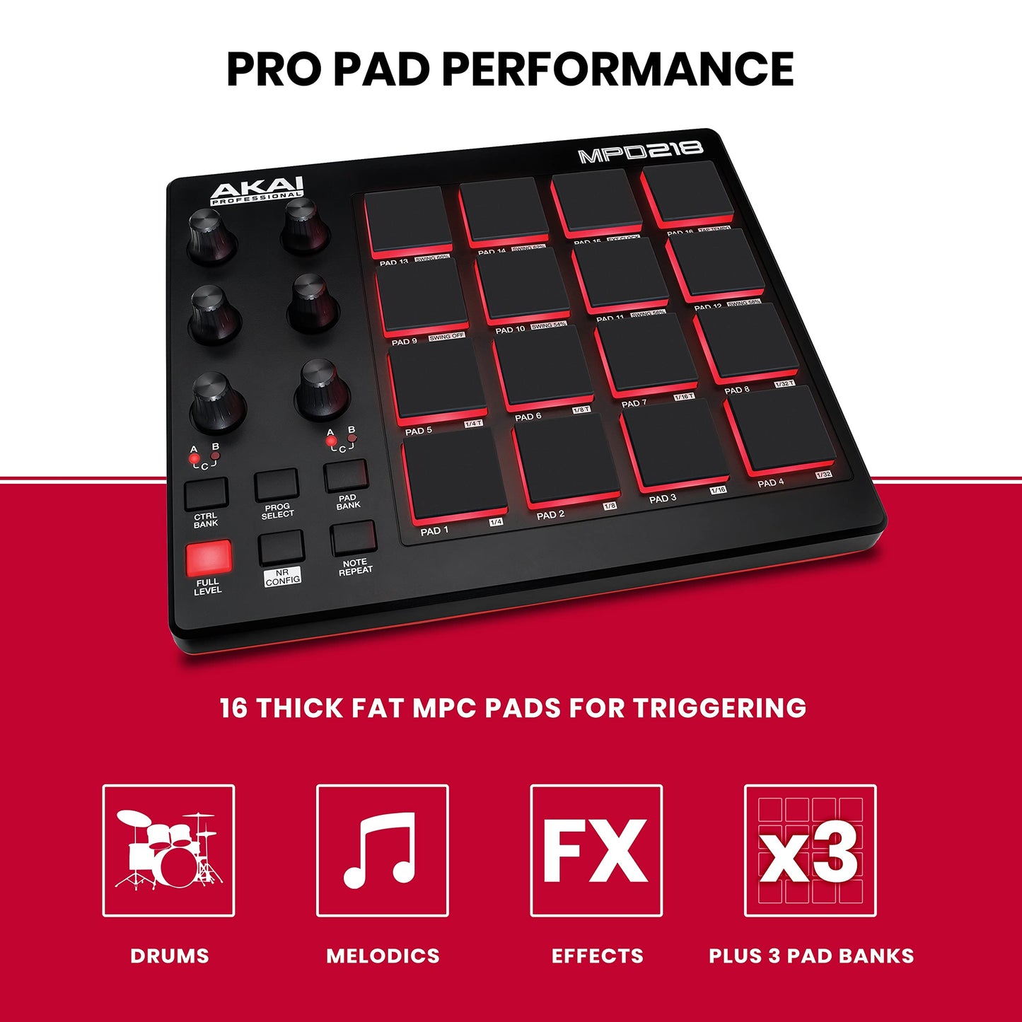Akai Professional MPD 218 - Controlador MIDI USB con 16 pads MPC y 6 knobs asignables, Note Repeat, Full Level y paquete de software