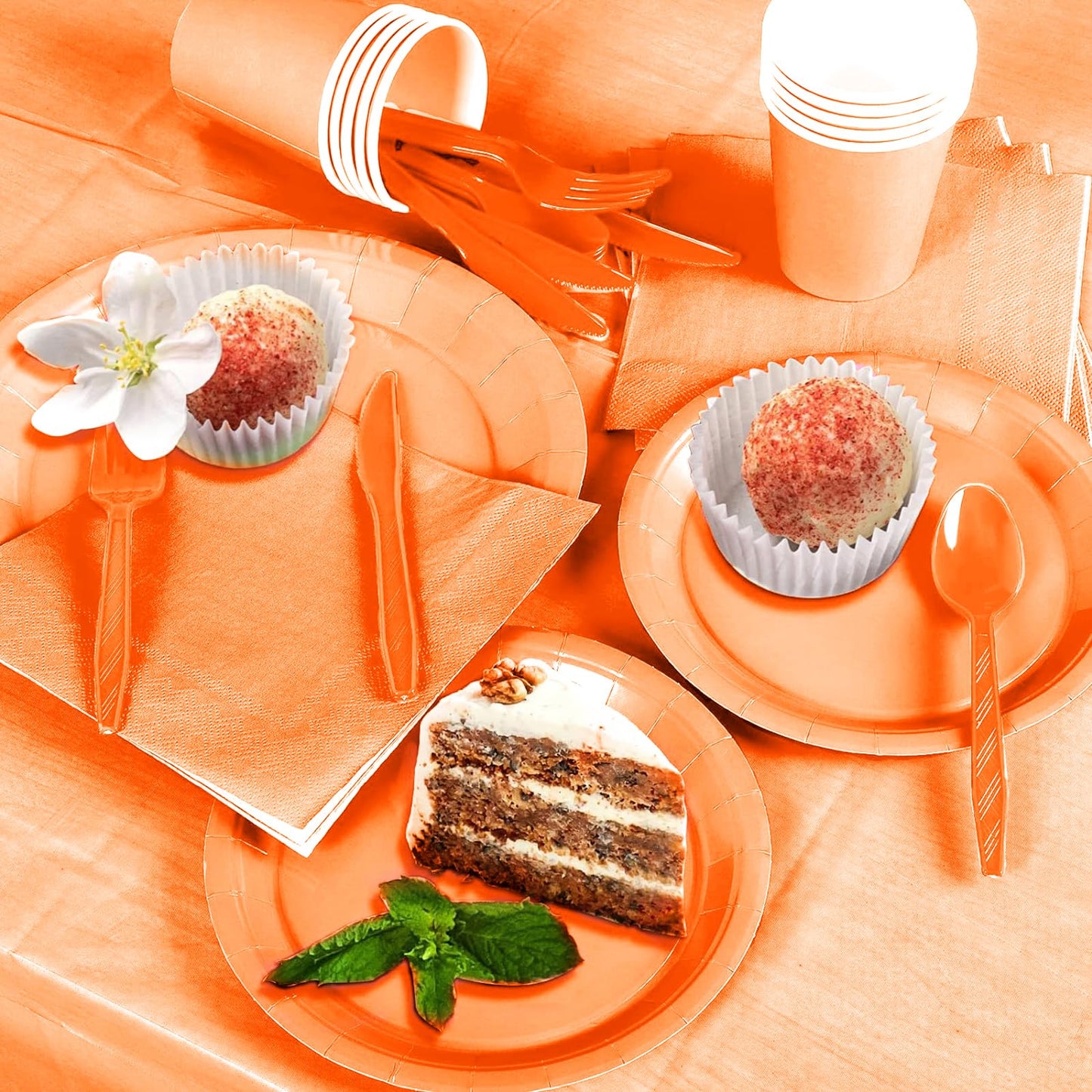 Juego de vajilla de fiesta, platos x 40, tazas x 20, servilletas x 20, cuchillos, tenedores y cucharas x 20, manteles 2 uds, Adecuado para bodas y fiestas de cumpleaños otras celebraciones (Naranja)