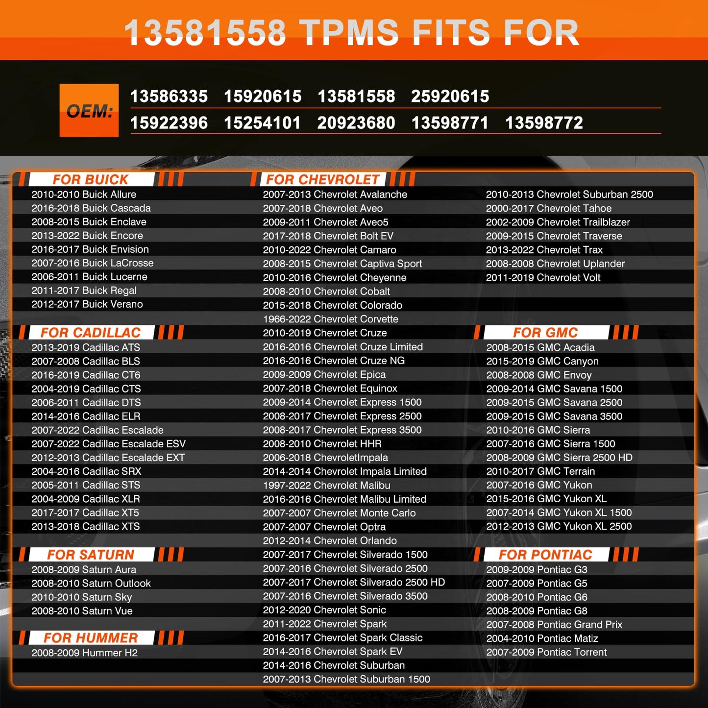 ISINFLASH Sensor TPMS, sensores de sistema de monitor de presión de neumáticos de 315MHZ, compatibles con Chevy GMC Buick Cadillac Pontiac Reemplazar OE 13581558, 13598771,13598772, 13586335,